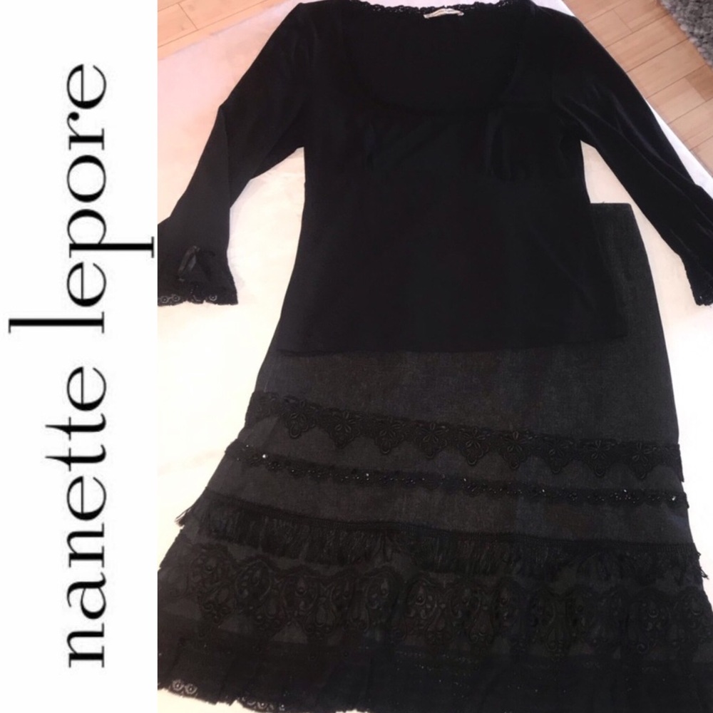 Nanette Lepore (A-Line) Black Denim & Lace Skirt